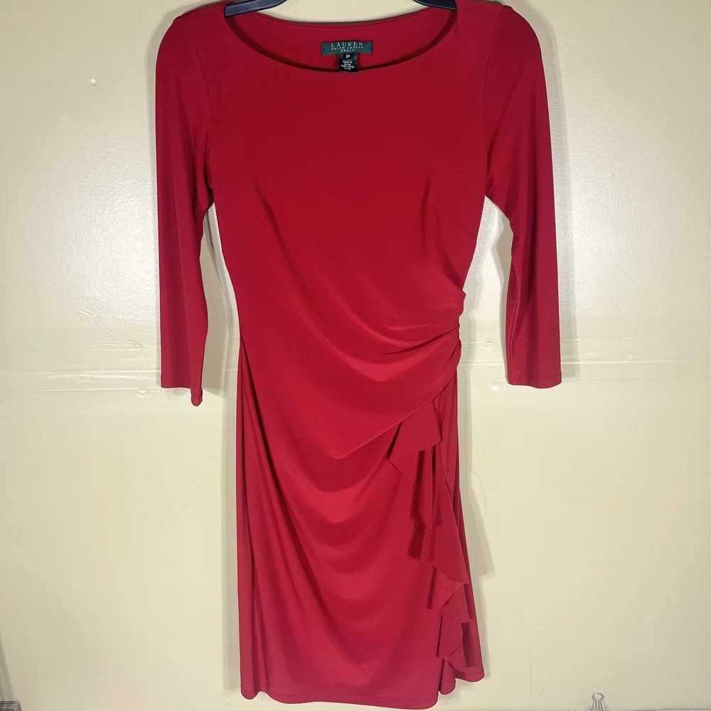 Lauren Ralph Lauren Dress Womens 2P Red Ruched Ruffle Sheath Midi 3/4 Sleeve